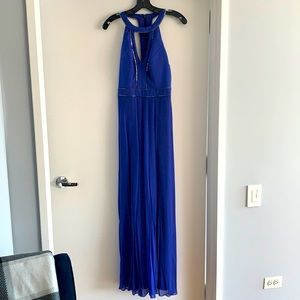Nicole Miller cobalt blue halter floor length gown with metallic detail